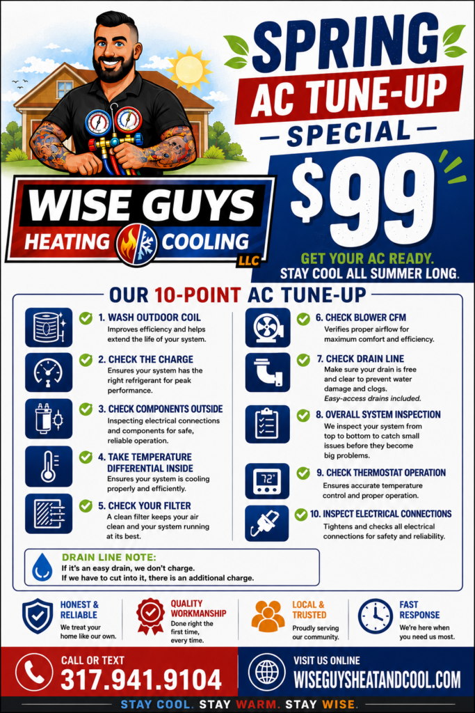 Wise Guys Heating & Cooling Spring AC Tune-Up special for HVAC maintenance in Indianapolis